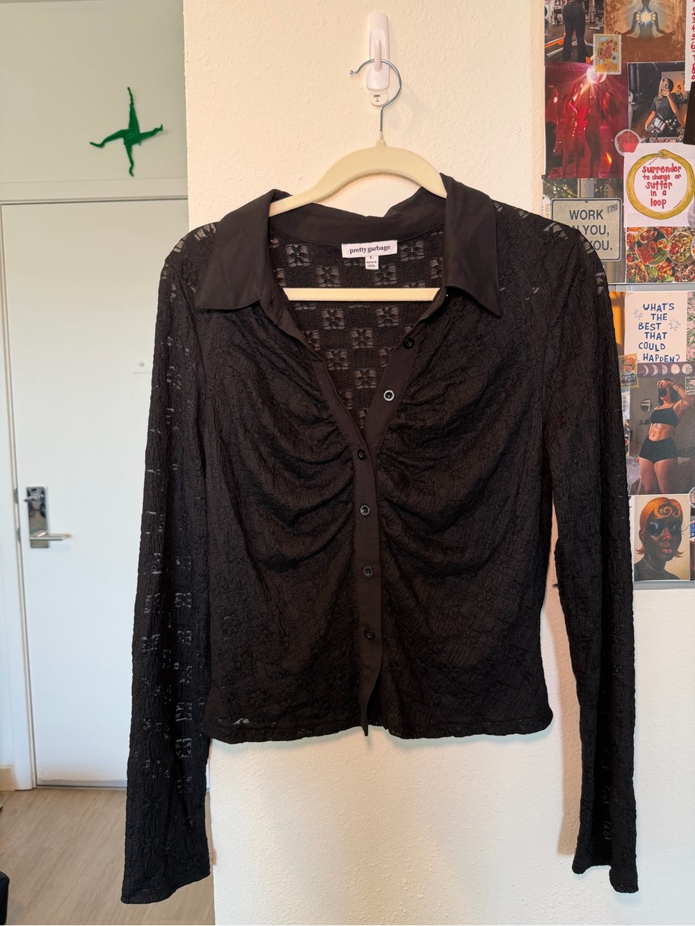 Pretty Garbage Black Lace Ruched Button-Up Top